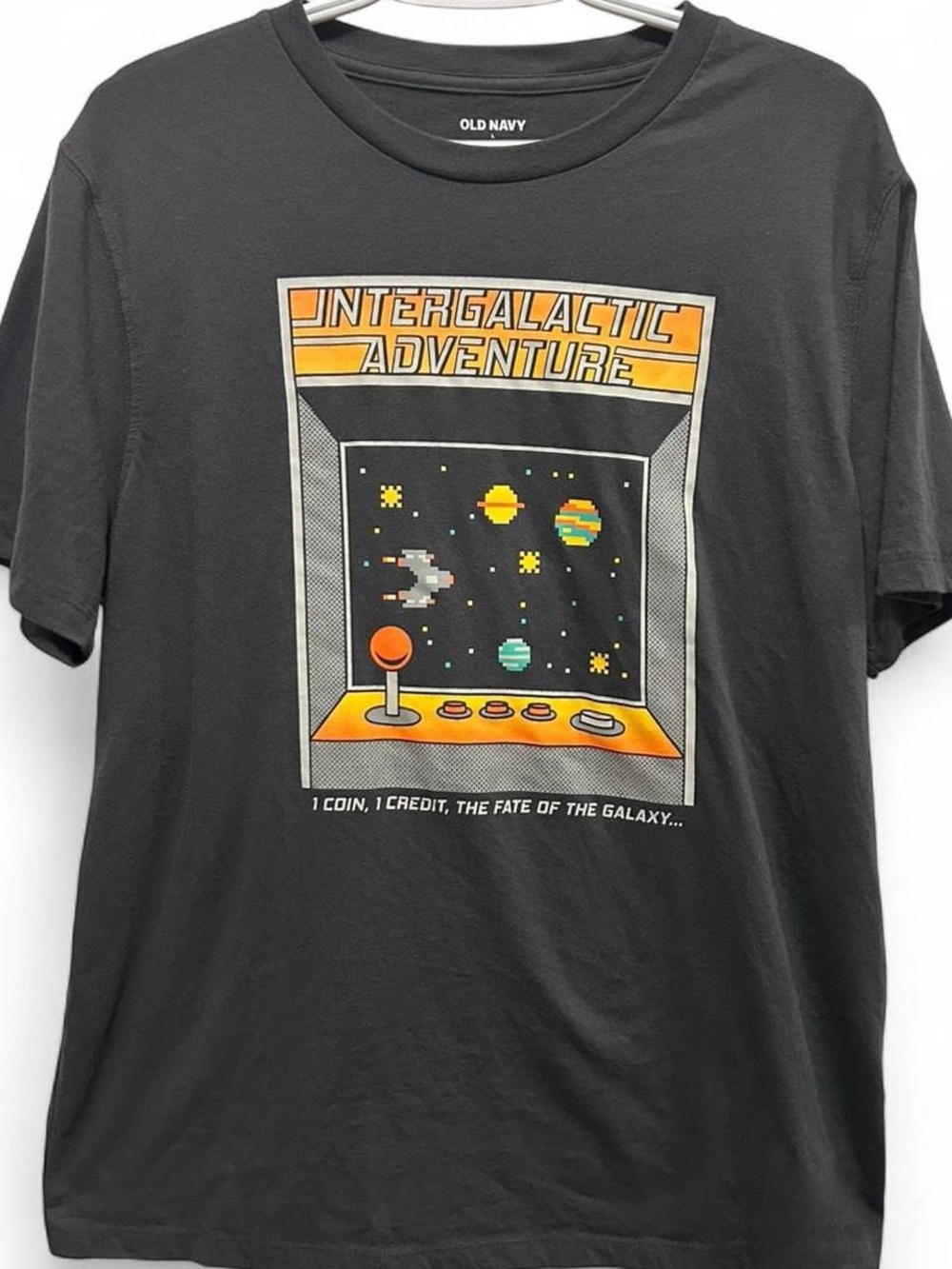 Dark gray 1980s arcade space-shooter video game tee